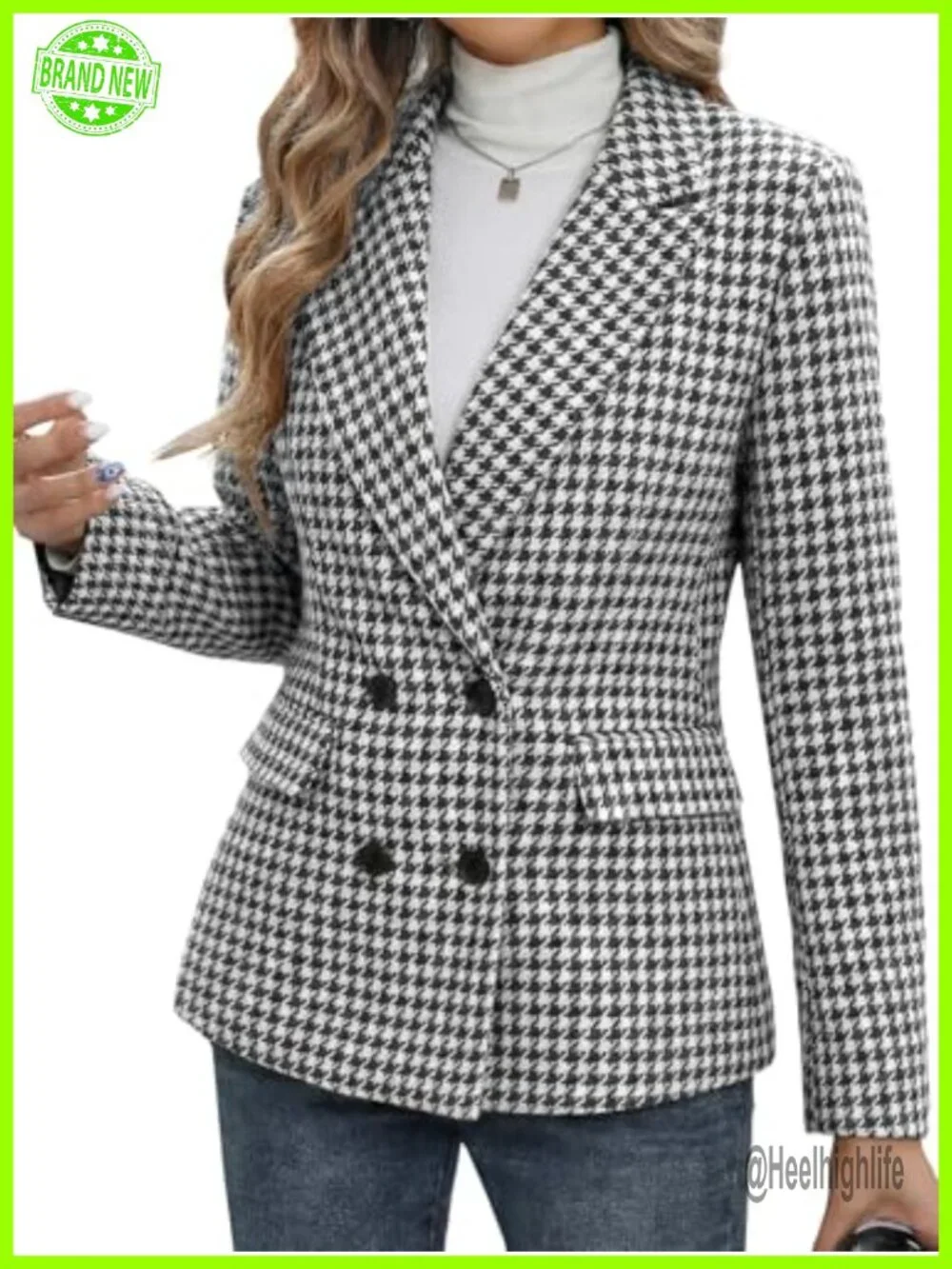 Tweed Houndstooth Blazer Jacket Plaid Fully-Lined Double-Breasted Casual Work